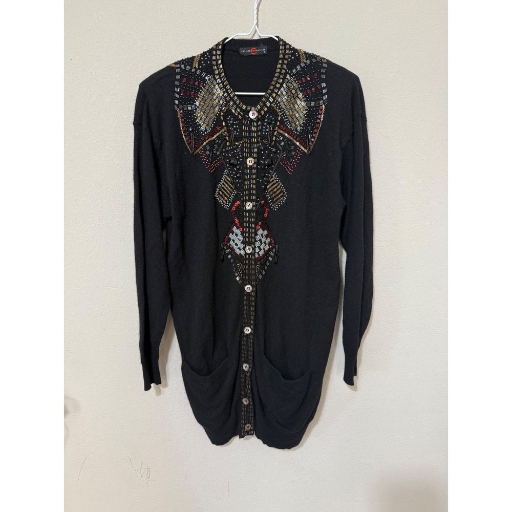 Palmer Palmer Cardigan Womens S Black Beaded Angora Lambswool Longline Vintage
